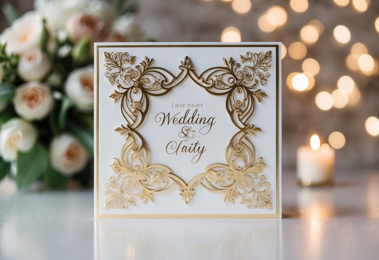 A beautifully decorated wedding card with elegant designs and symbols of love and unity