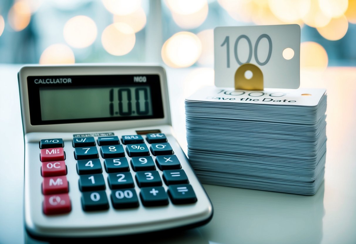 A calculator with the number "100" displayed and a stack of save the date cards with a price tag