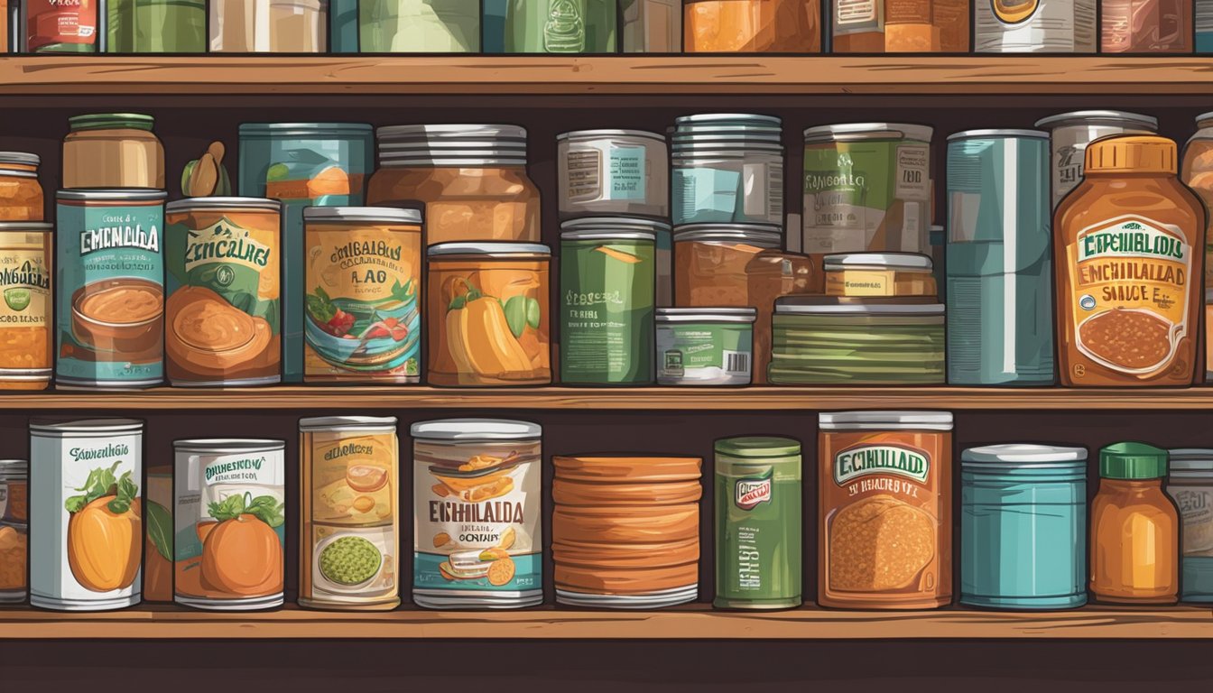 A can of expired enchilada sauce sits on a cluttered pantry shelf, surrounded by other canned goods and cooking supplies