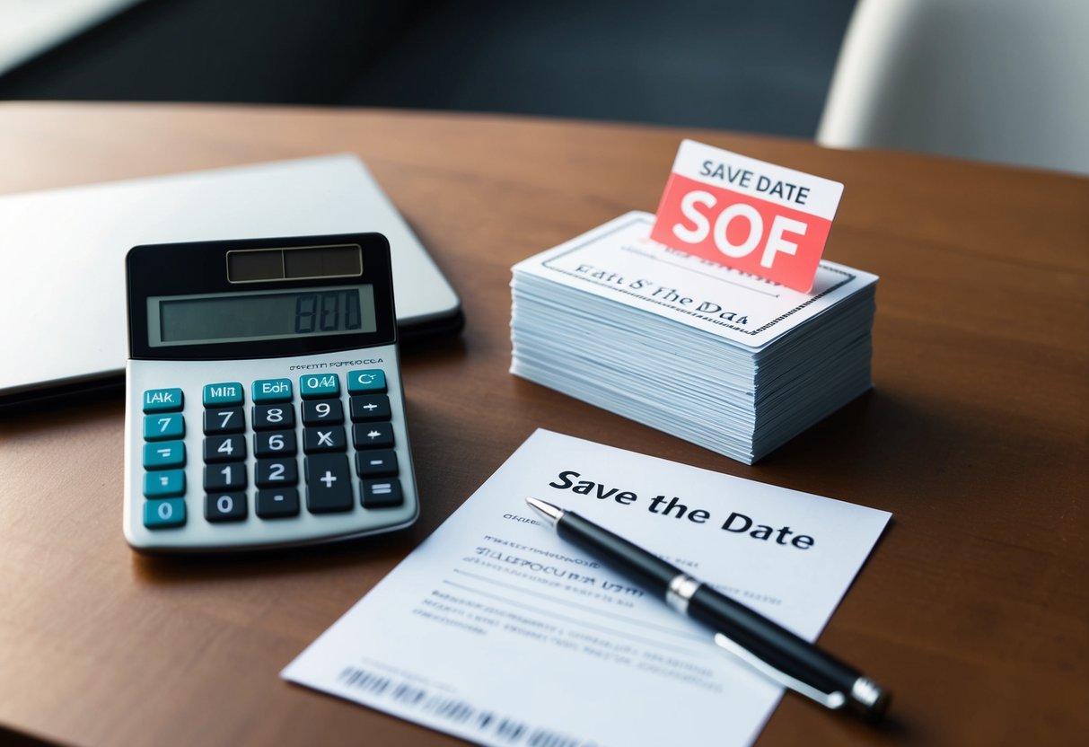 A desk with a calculator, pen, and paper. A stack of save the date cards and a price tag showing a discount