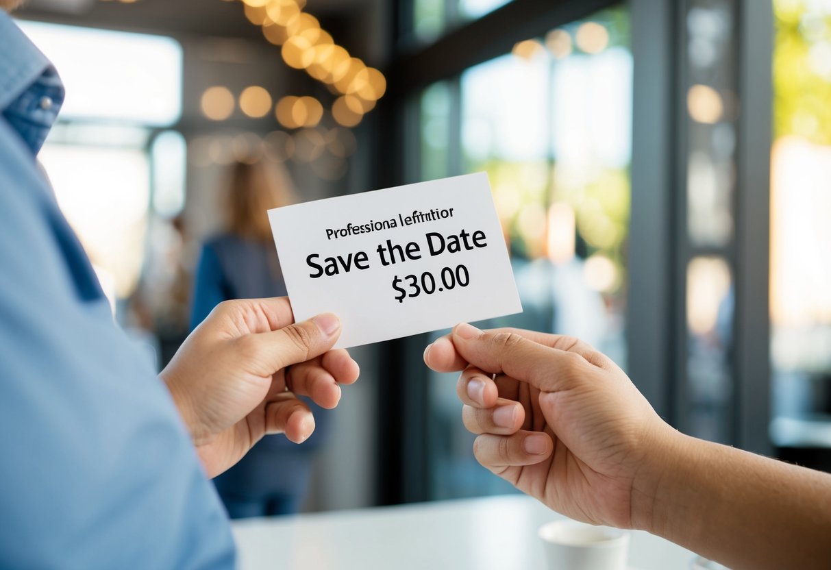A vendor holding a sample save the date card and quoting a price to a customer