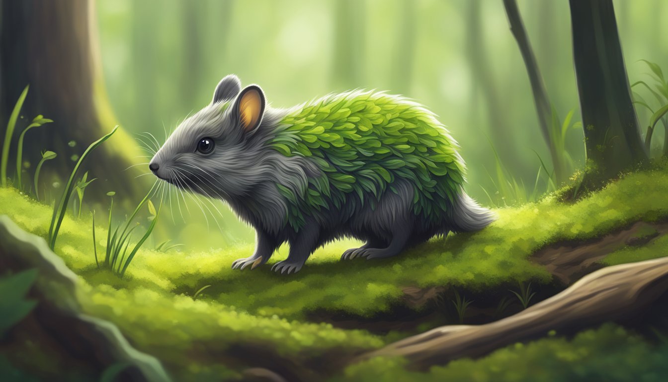 A small animal cautiously sniffing a patch of vibrant green moss growing on a damp forest floor