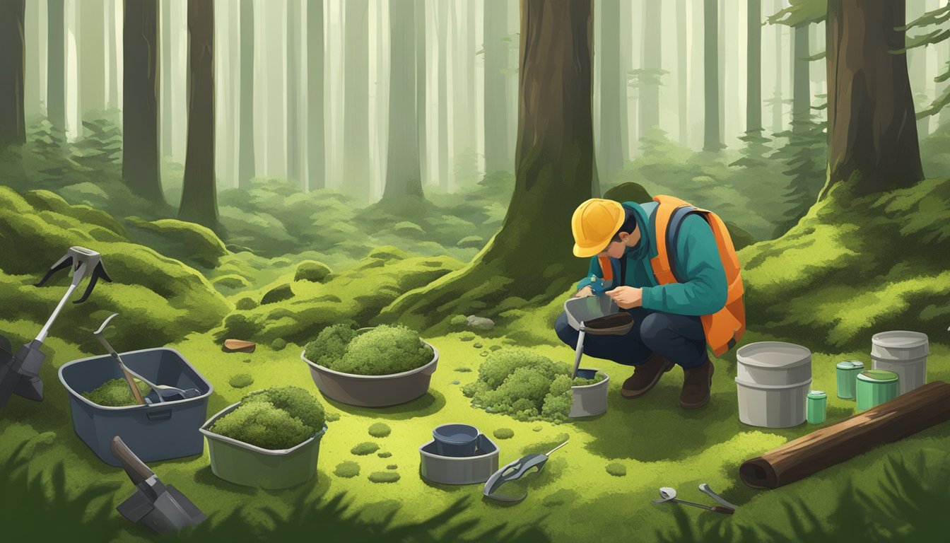 A person gathering and examining moss in a forest clearing, surrounded by various tools and containers