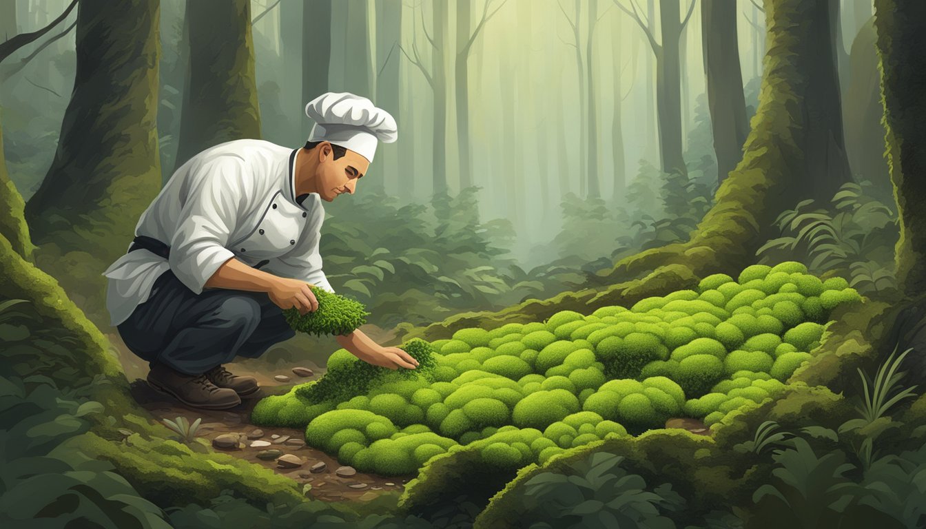 A chef gathering fresh moss from a damp forest floor