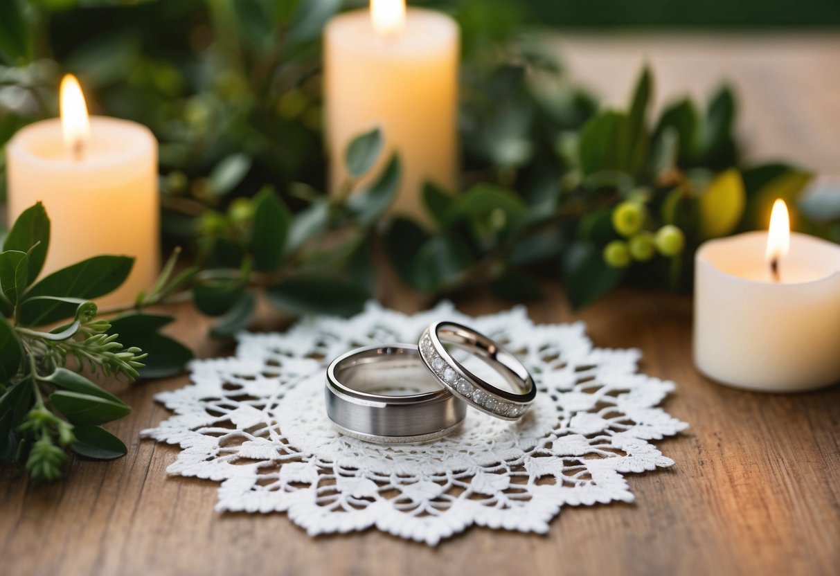 A pair of elegant wedding rings resting on a delicate lace doily, surrounded by lush greenery and soft candlelight