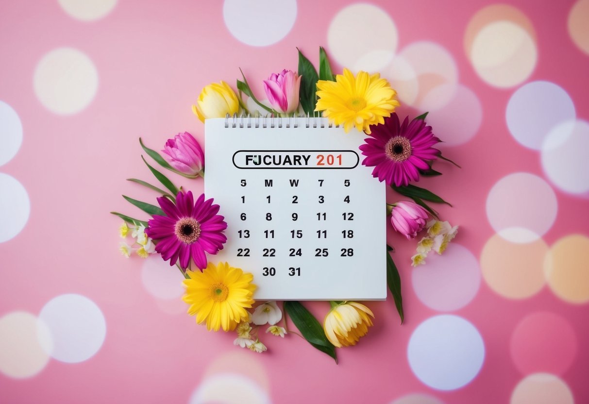 A calendar with a circled date, surrounded by flowers and a heart symbol