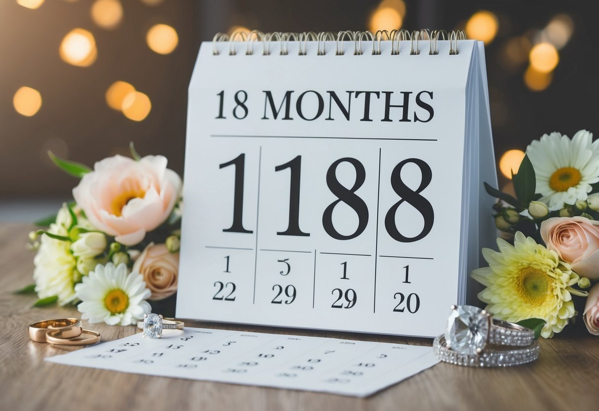 A calendar with the date 18 months in advance circled, surrounded by wedding-related items like rings, flowers, and a venue