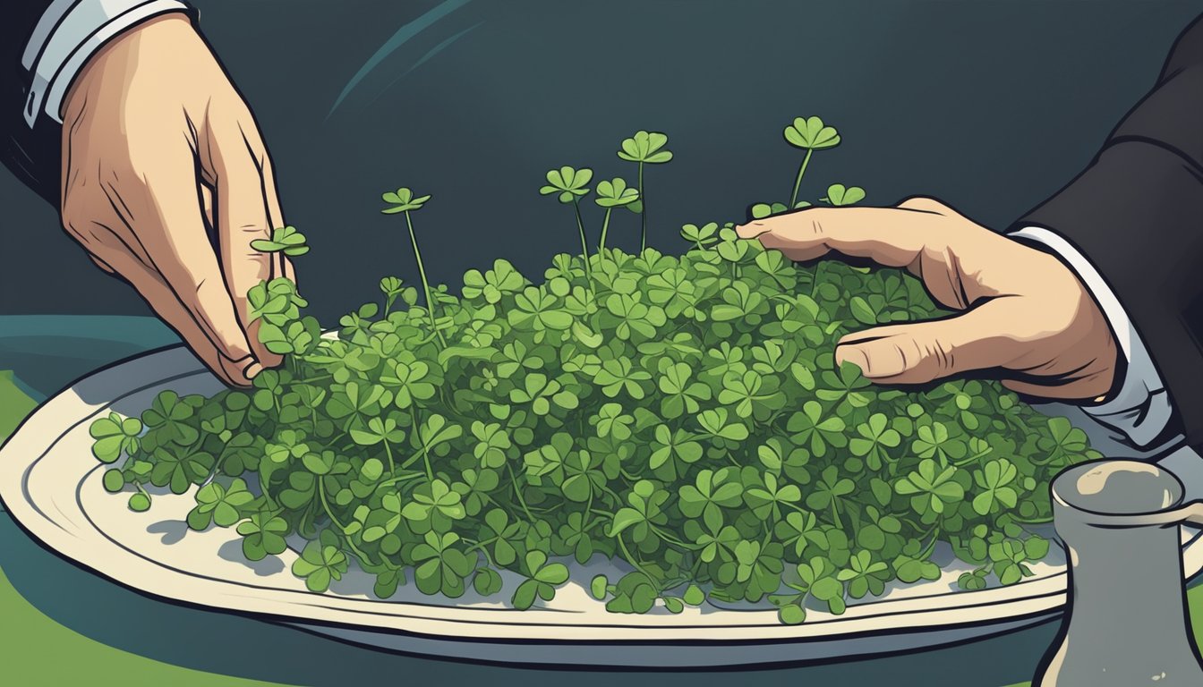 A hand reaching for a plate of fresh clover sprouts, with a warning sign next to it and a shadowy figure lurking in the background