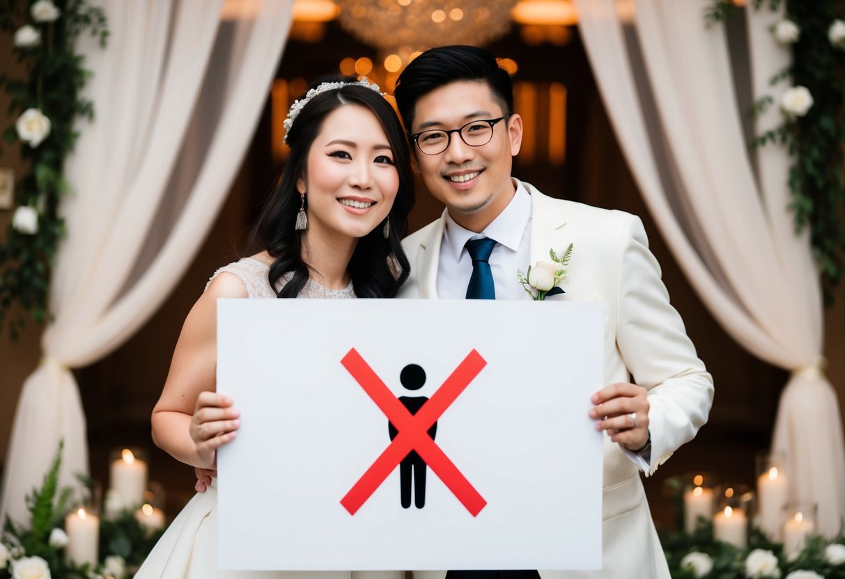 A couple holding a sign with a crossed-out child symbol, surrounded by elegant wedding decor