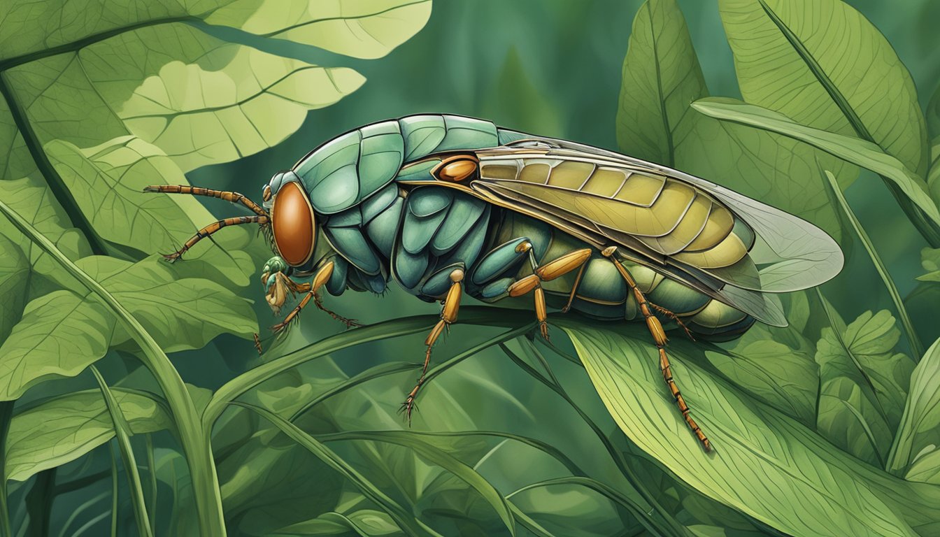 A cicada perched on a leaf, surrounded by various plants and insects in a natural outdoor setting