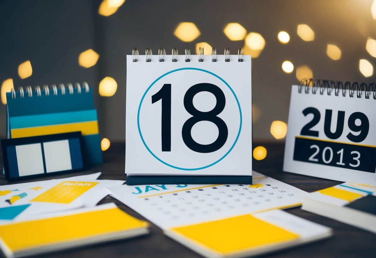 A calendar with the date 18 months in the future circled, surrounded by various design elements and personalization options