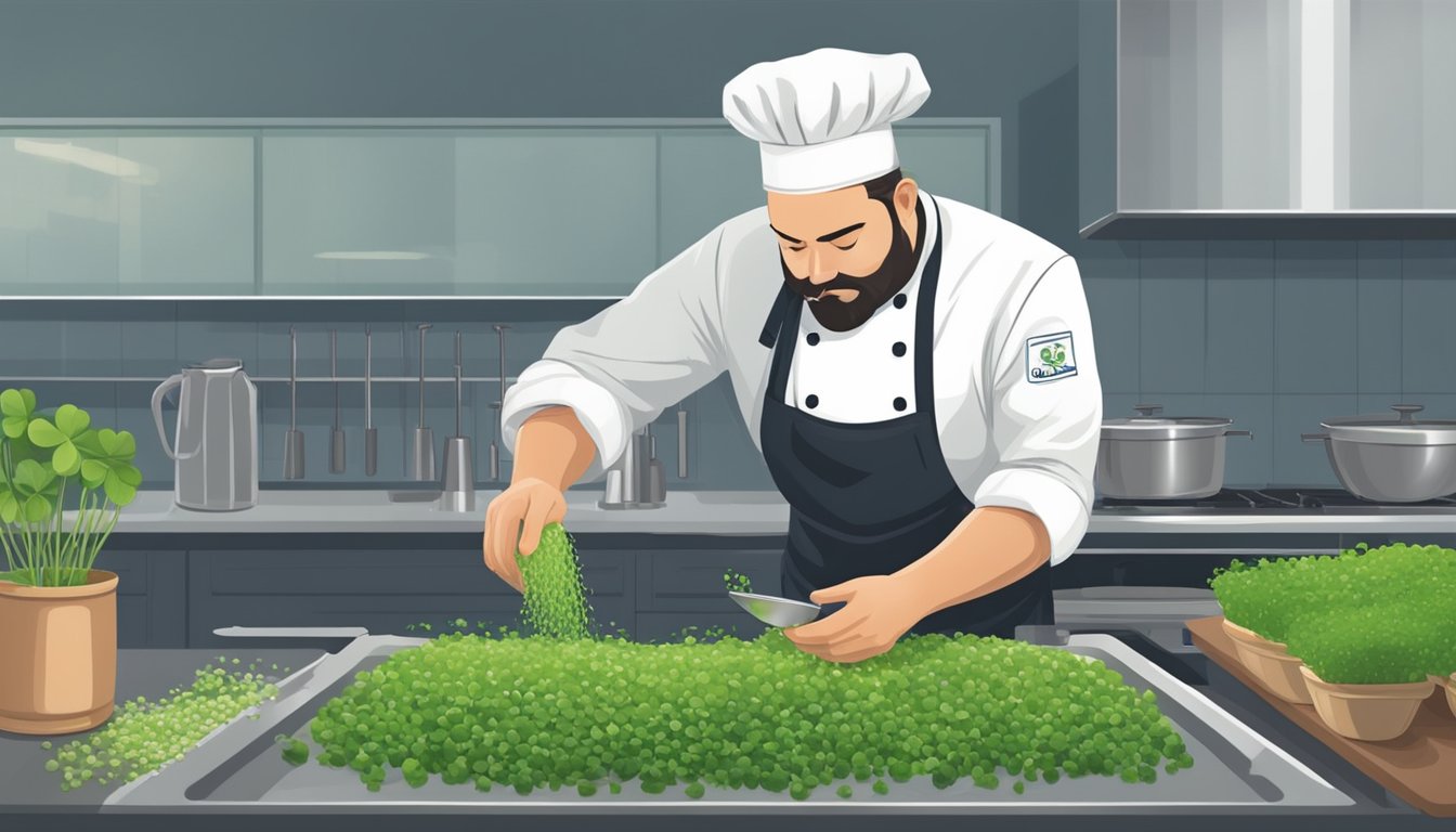 A chef rinses and prepares fresh clover sprouts for a salad, carefully inspecting them for quality and safety