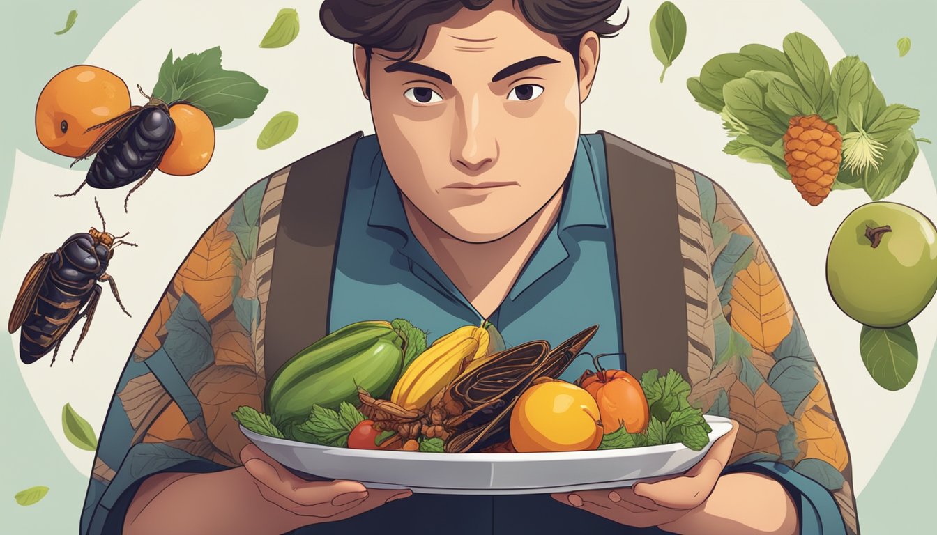 A person holding a plate of cooked cicadas, surrounded by various fruits and vegetables, with a concerned look on their face