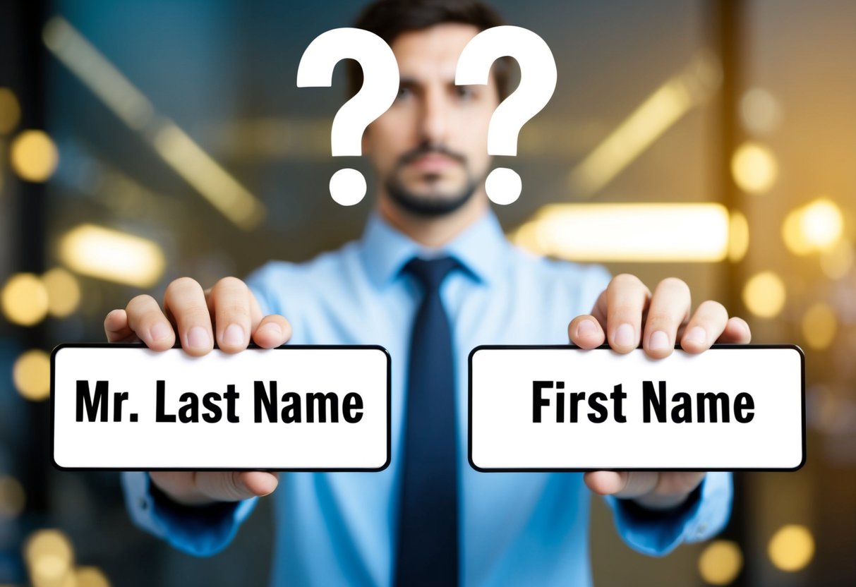 A person standing in front of a sign with two options: "Mr. Last Name" and "First Name" with a question mark above their head