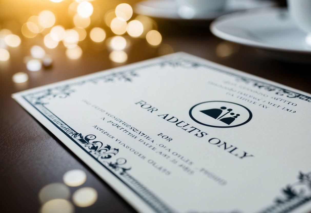 A formal wedding invitation with an elegant design and a clear symbol indicating that the event is for adults only