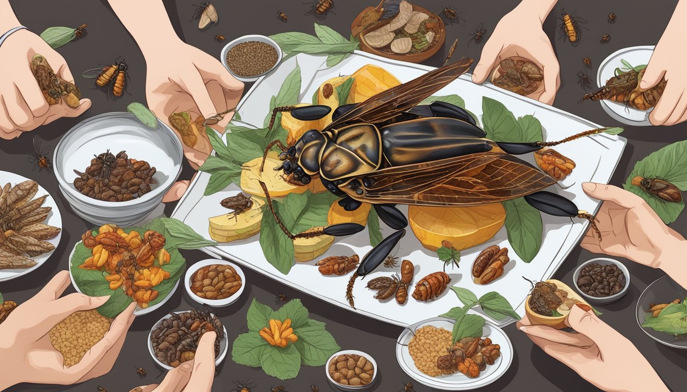 A person holding a plate of cooked cicadas surrounded by various other edible insects and diverse types of food