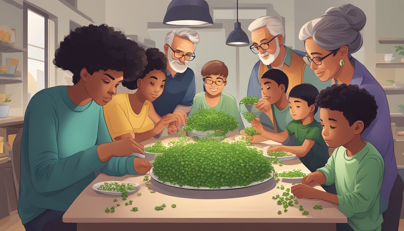 A group of diverse individuals with varying ages and abilities gather around a table, examining a plate of clover sprouts with caution