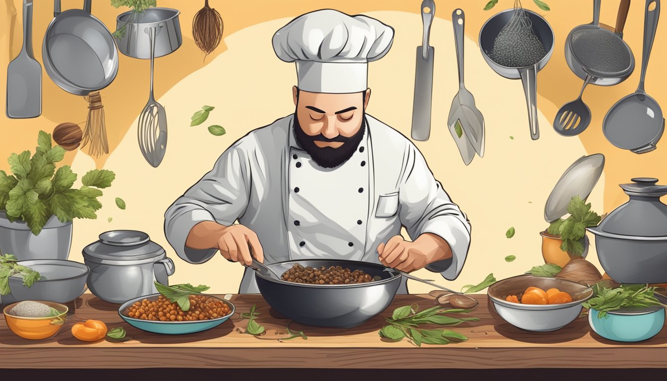 A chef preparing a dish with cicadas, surrounded by cooking utensils and ingredients