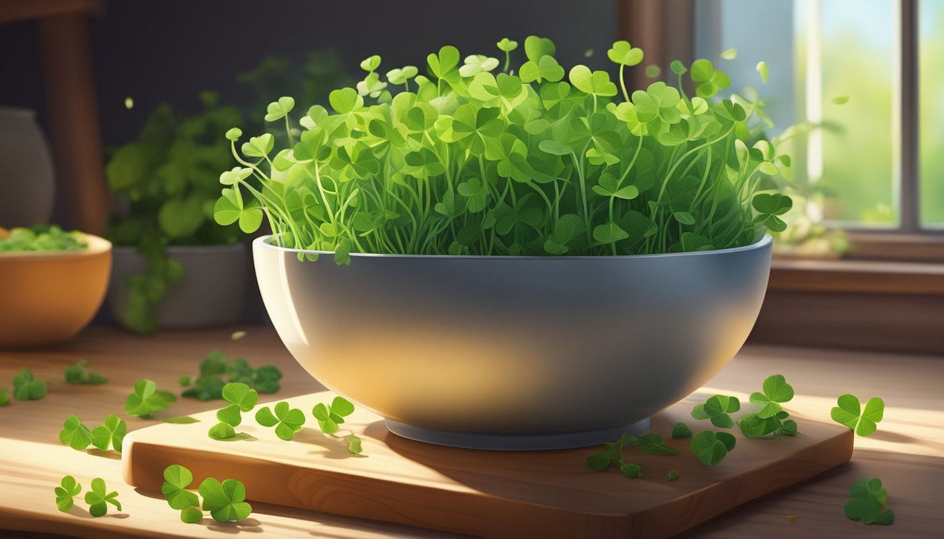 A bowl of fresh clover sprouts sits on a wooden cutting board, surrounded by vibrant green leaves and a scattering of seeds. The sunlight streams in through a nearby window, casting a warm glow on the scene