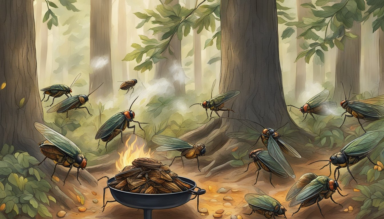 Cicadas being gathered from trees, cleaned, and cooked over a fire