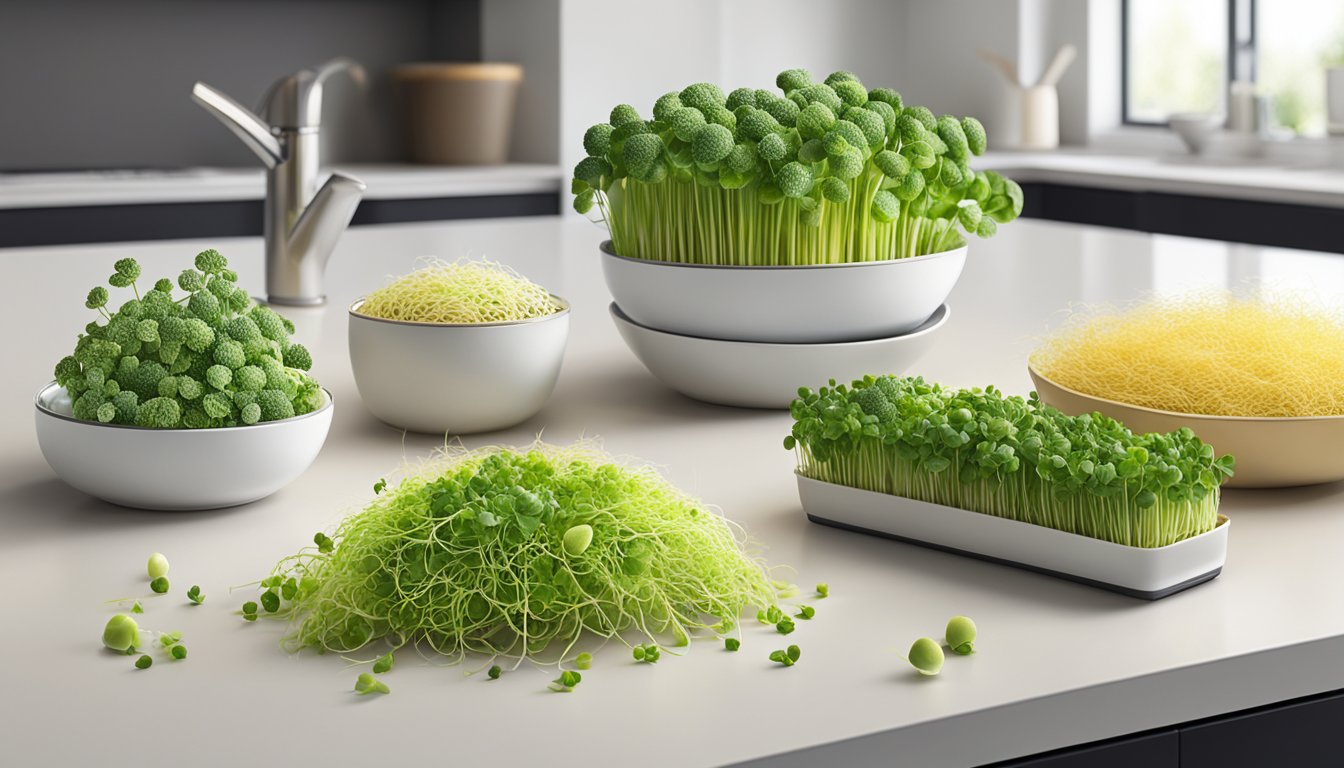 A variety of sprouts, including clover sprouts, arranged on a clean, modern kitchen countertop