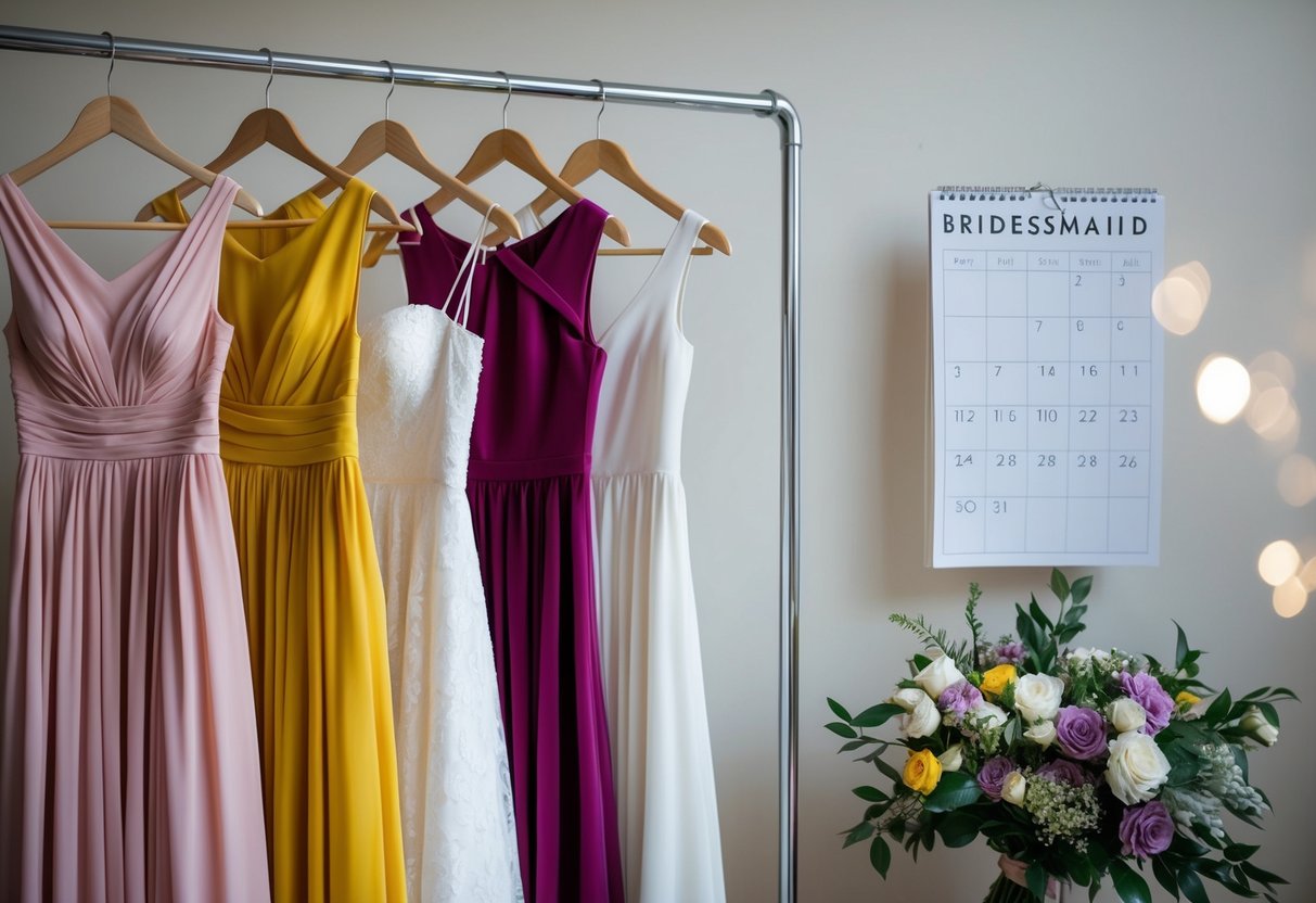 A group of bridesmaid dresses hanging on a clothing rack, with a calendar and a bouquet of flowers nearby