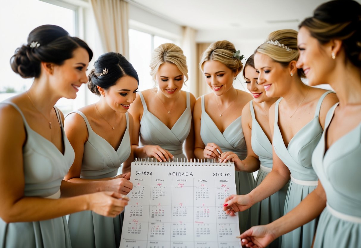 A group of bridesmaids gather around a calendar, discussing wedding plans and marking important dates