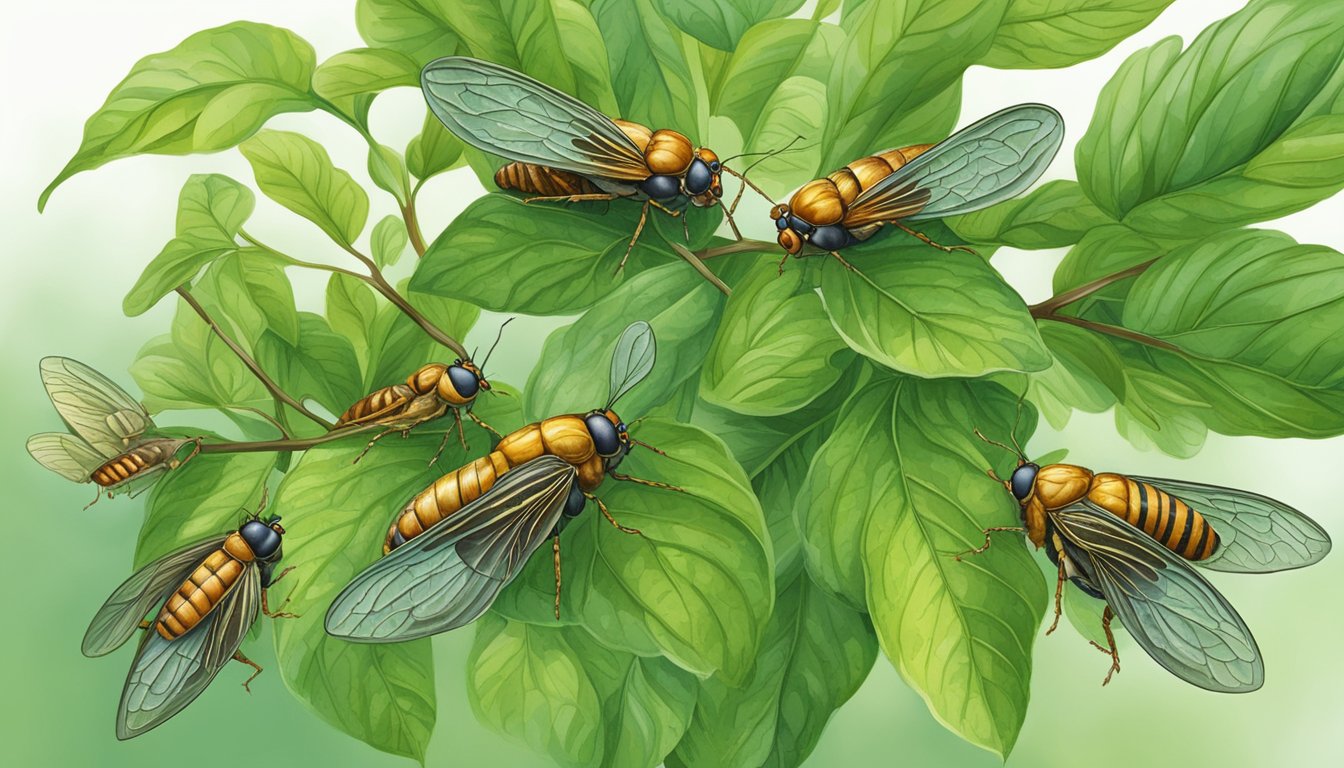 A group of cicadas crawling on a leafy branch, surrounded by vibrant green foliage and small insects