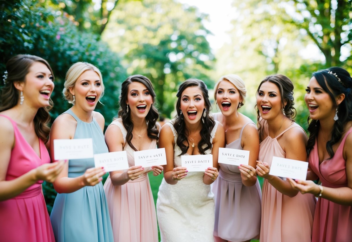 A group of bridesmaids excitedly receive save-the-date cards in the mail