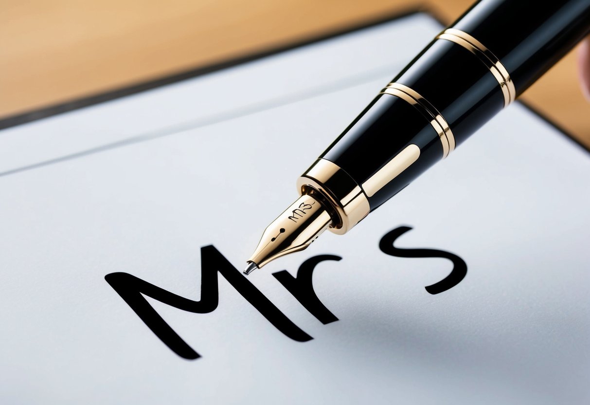 A pen poised over a blank sheet of paper, ready to write the word "Mrs" correctly