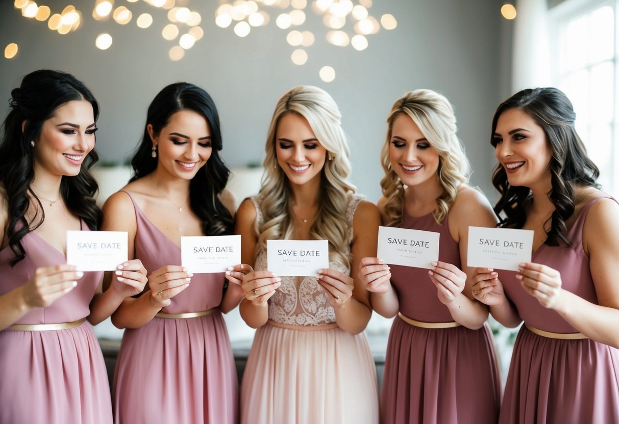 A group of bridesmaids receive save the date cards in the mail