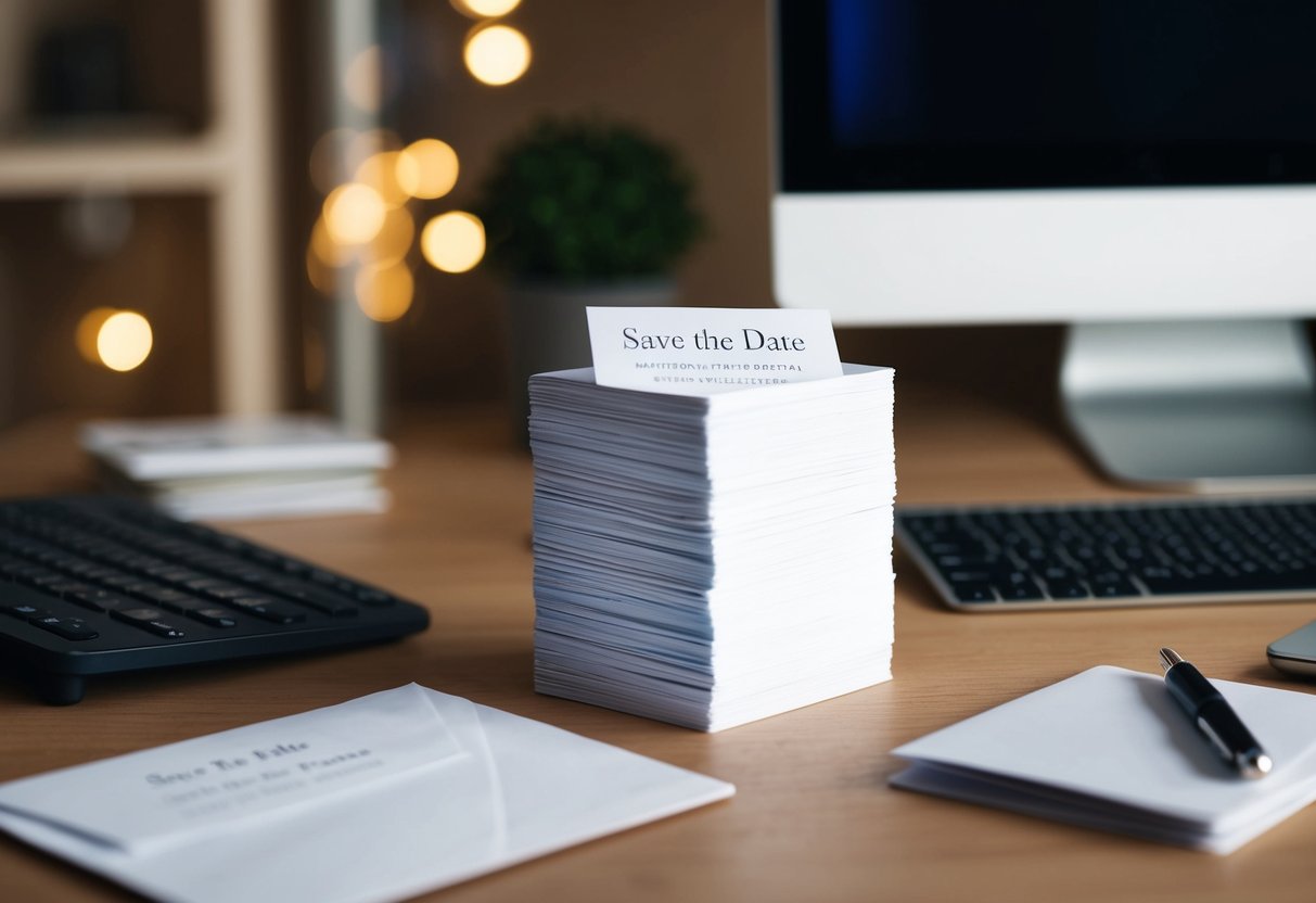 A stack of unmailed save the date cards on a cluttered desk