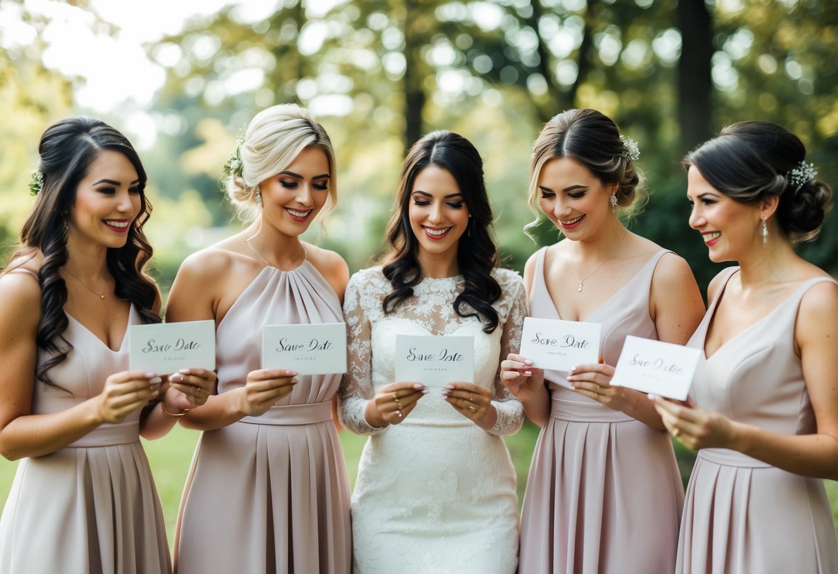 Bridesmaids receive save the date cards and visit wedding websites, integrating with stationery