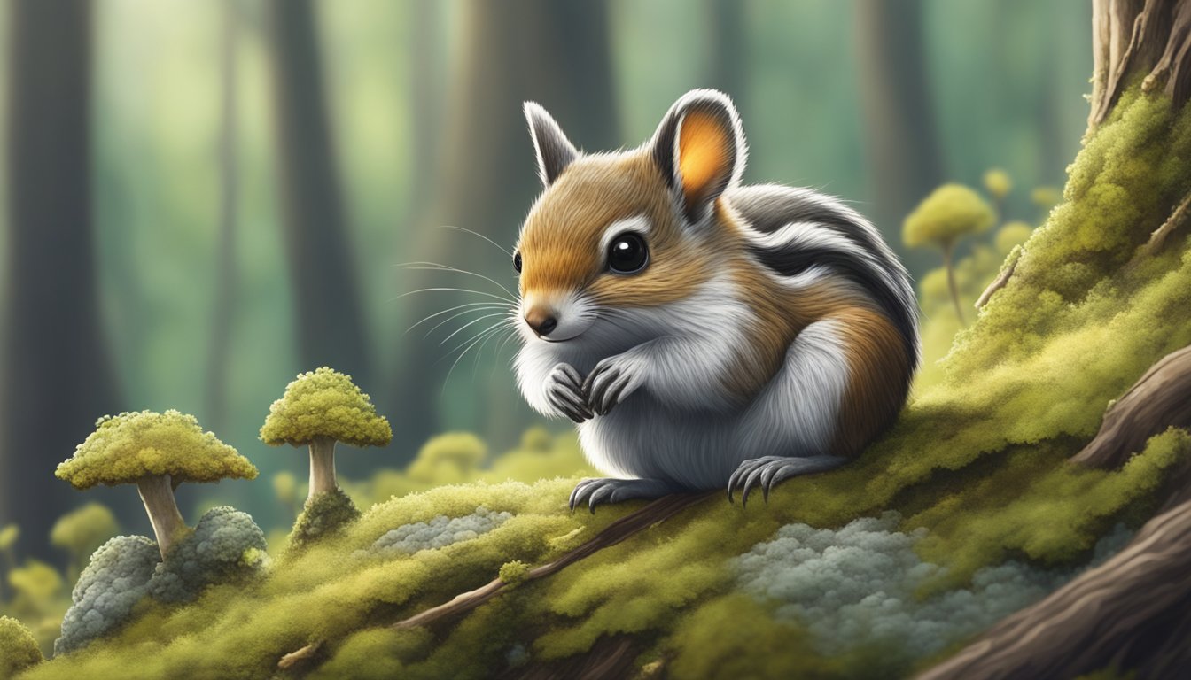 A small woodland creature nibbles cautiously on a patch of lichen, surrounded by a peaceful forest backdrop