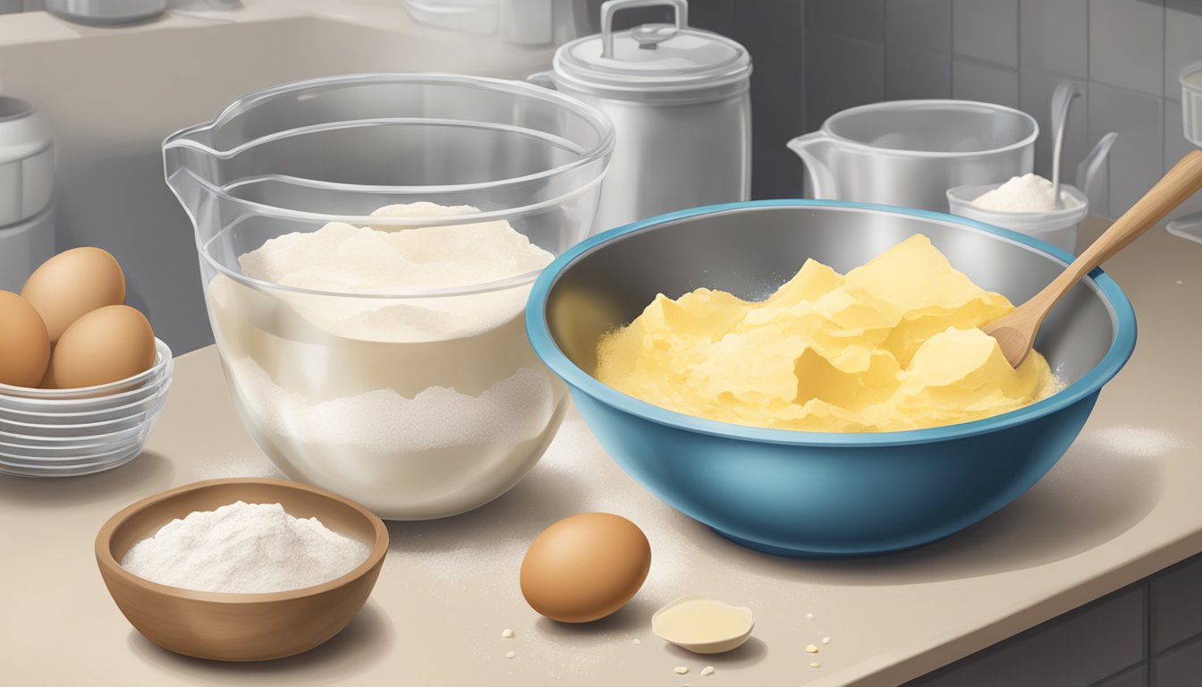 A mixing bowl with expired cake mix, flour, eggs, and butter on a kitchen counter