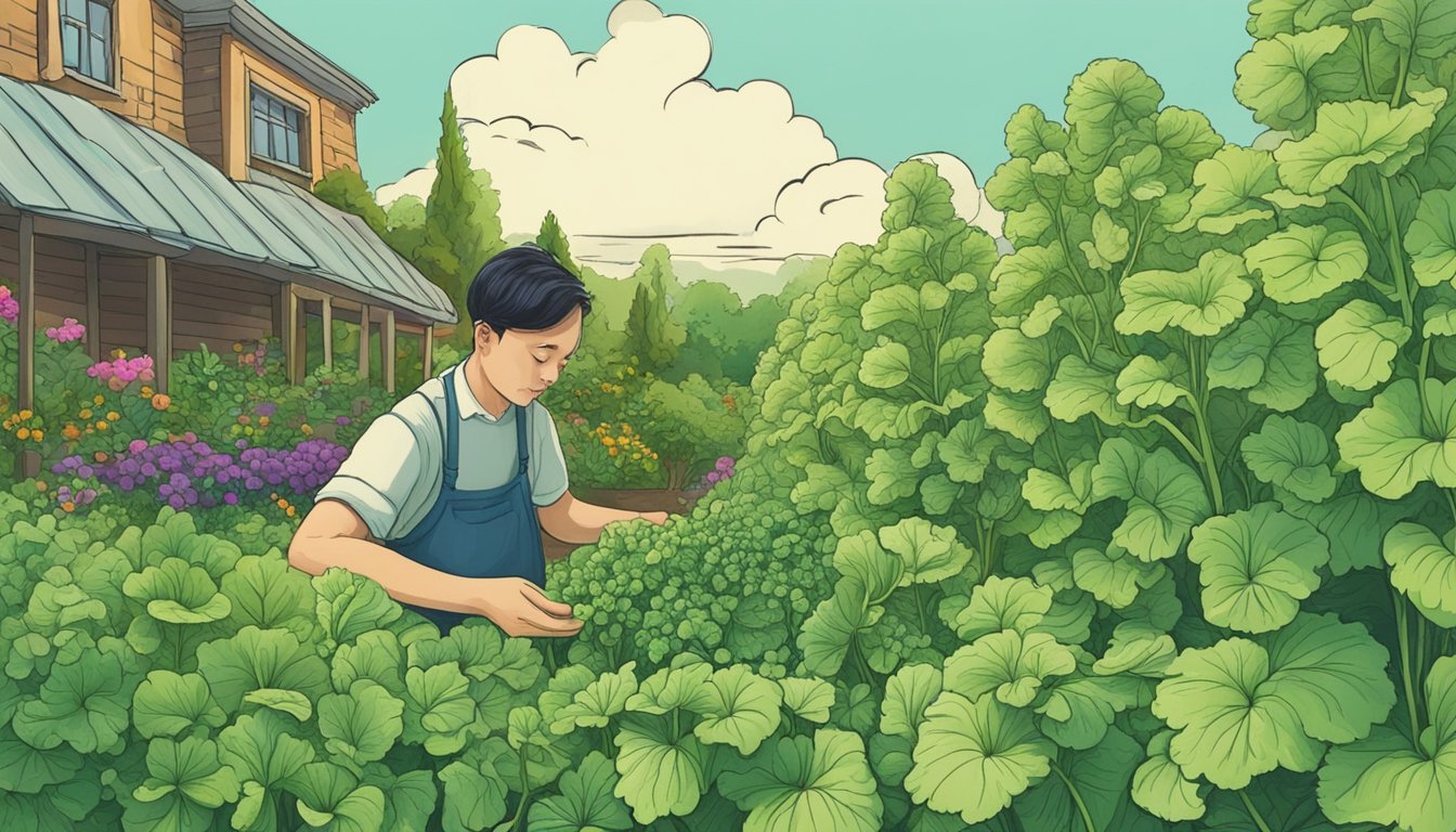 Lush garden with vibrant turnip plants, some with unripe greens. A person cautiously examines the leaves, pondering their safety