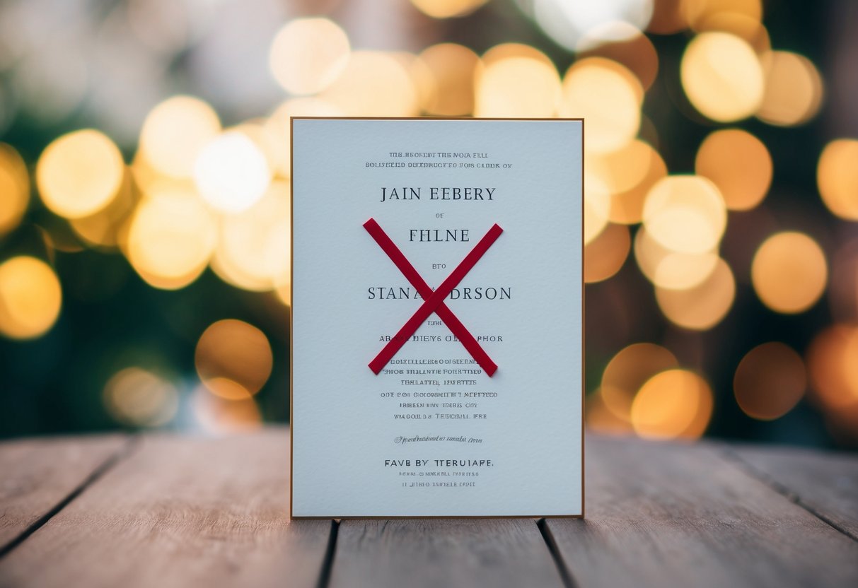 A wedding invitation with a crossed-out baby symbol