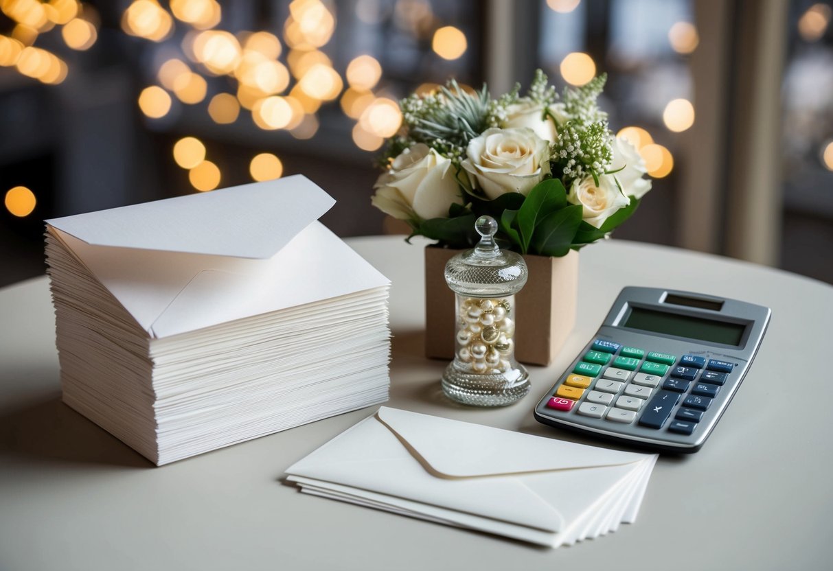 A table with 100 blank wedding invitations and a stack of envelopes, alongside a box of decorative embellishments and a calculator to calculate the average cost