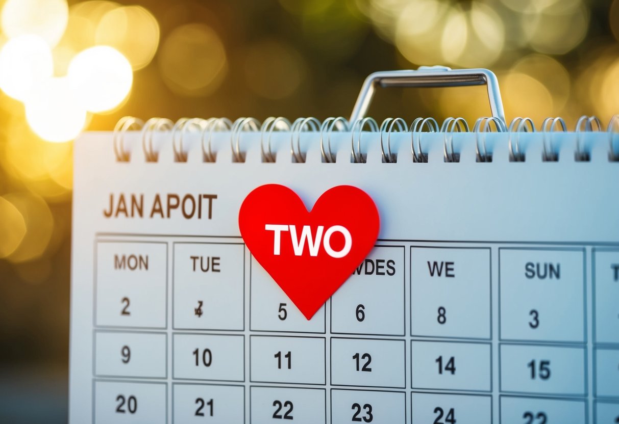 A calendar with a heart-shaped sticker marking a date two years in the future