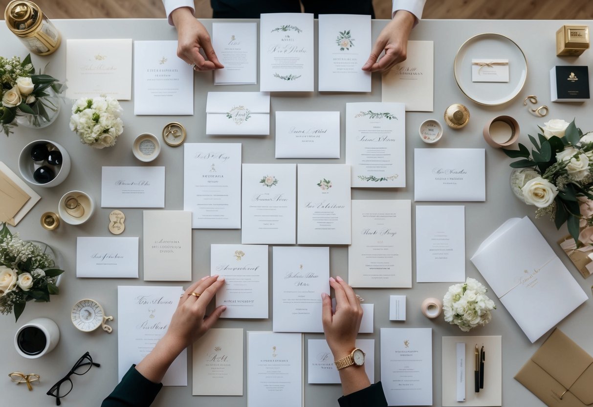 A table with 100 elegant wedding invitations spread out, surrounded by various design elements and stationery supplies