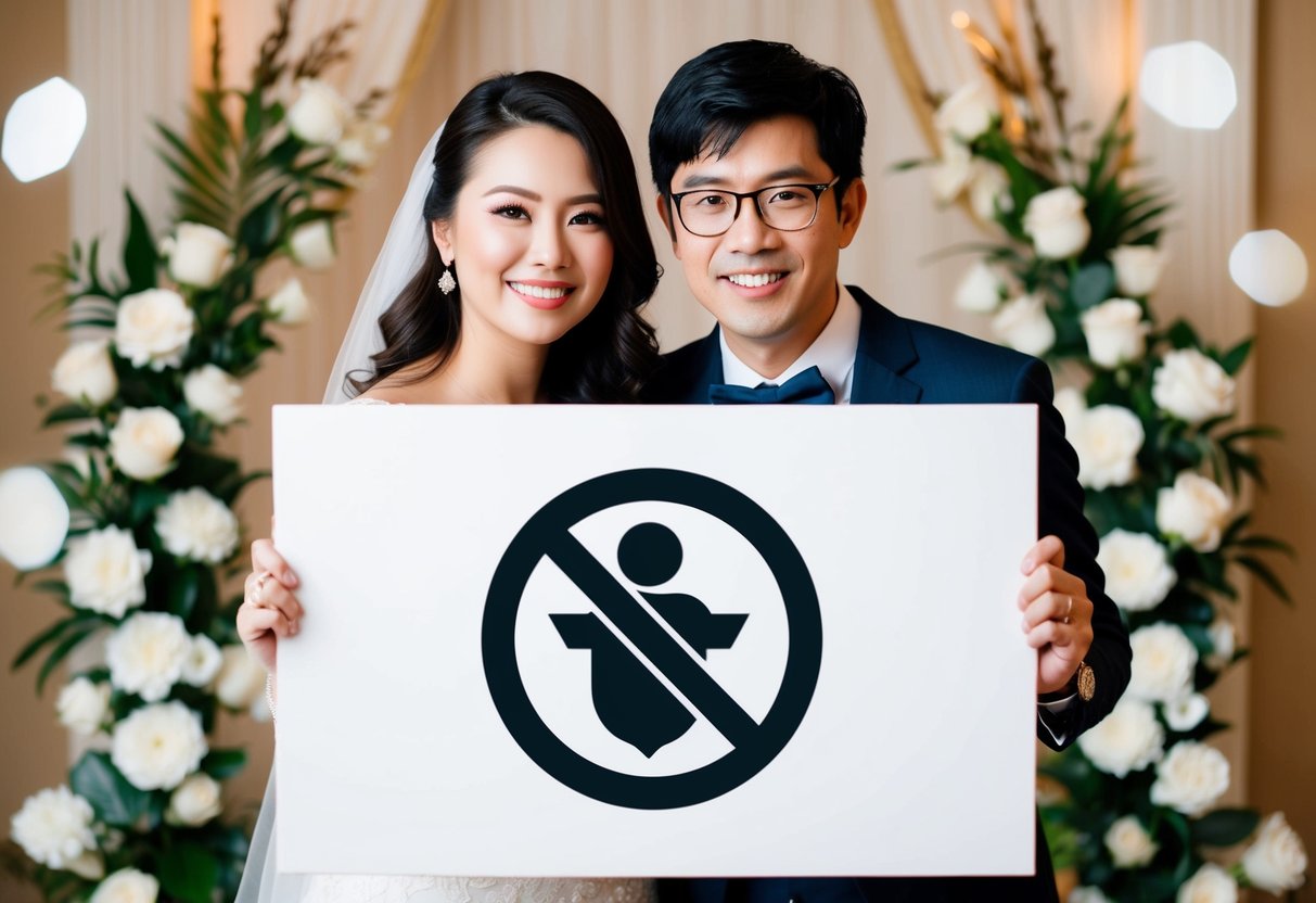 A couple holding a sign with a crossed-out baby symbol, surrounded by elegant wedding decor