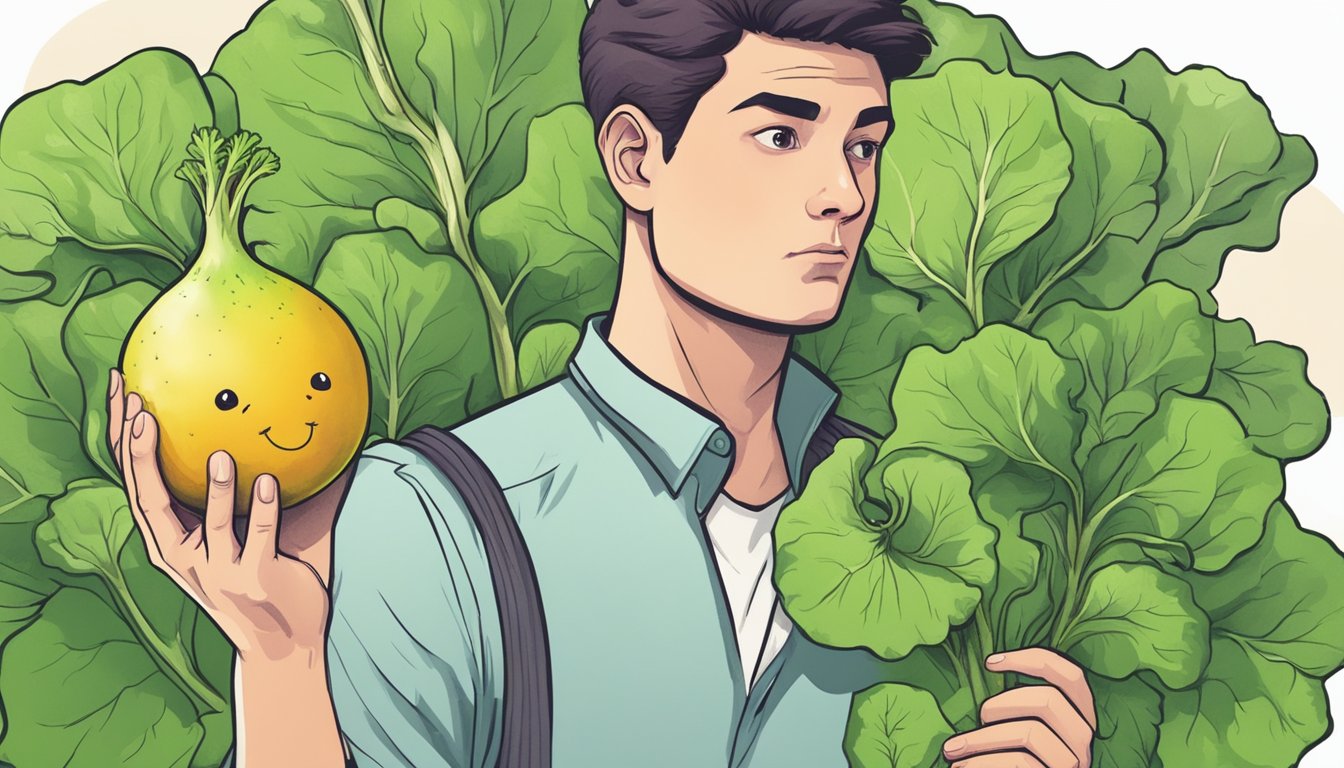 A person holding an unripe turnip in one hand and a question mark in the other, with a worried expression on their face