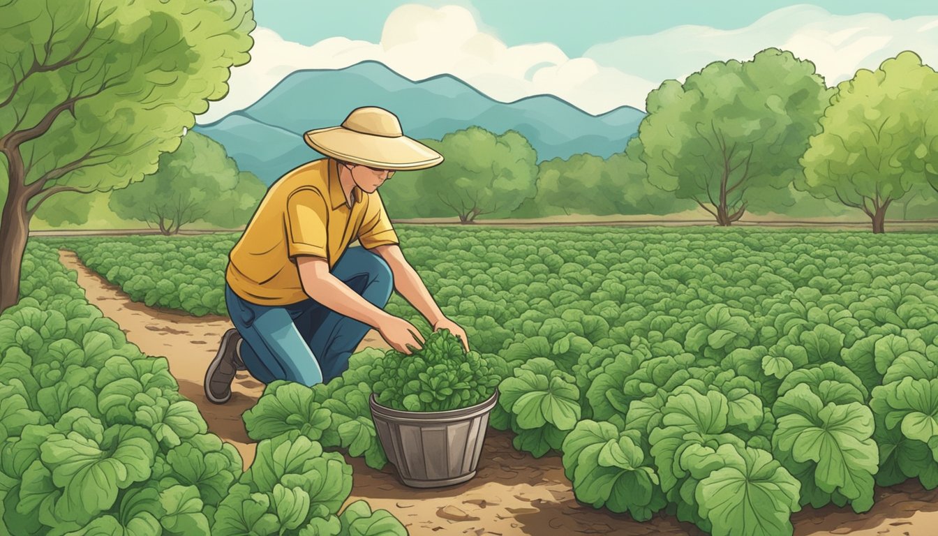 A person picking unripe turnip greens from a garden and examining them for safety before preparing them for culinary use