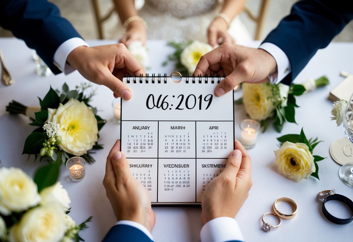 A couple's hands holding a calendar with their wedding date circled, surrounded by wedding details like flowers, rings, and a venue