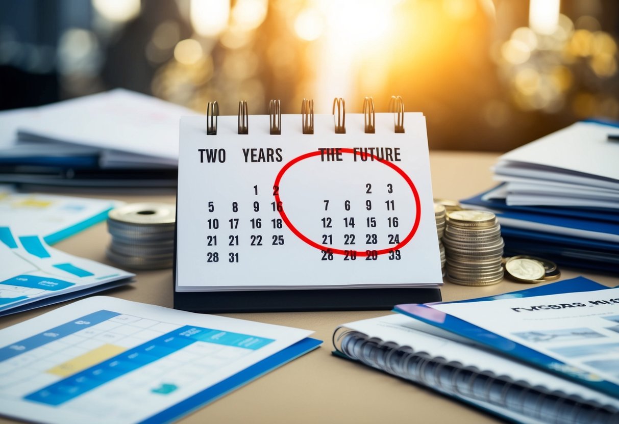 A calendar with the date two years in the future circled in red, surrounded by various event planning materials