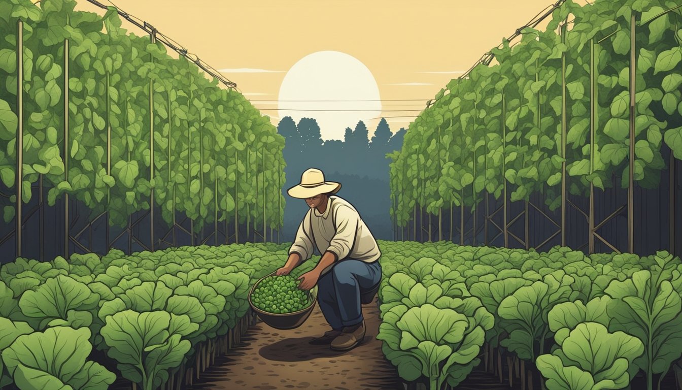 A farmer picking unripe turnip greens and storing them in a cool, dark place