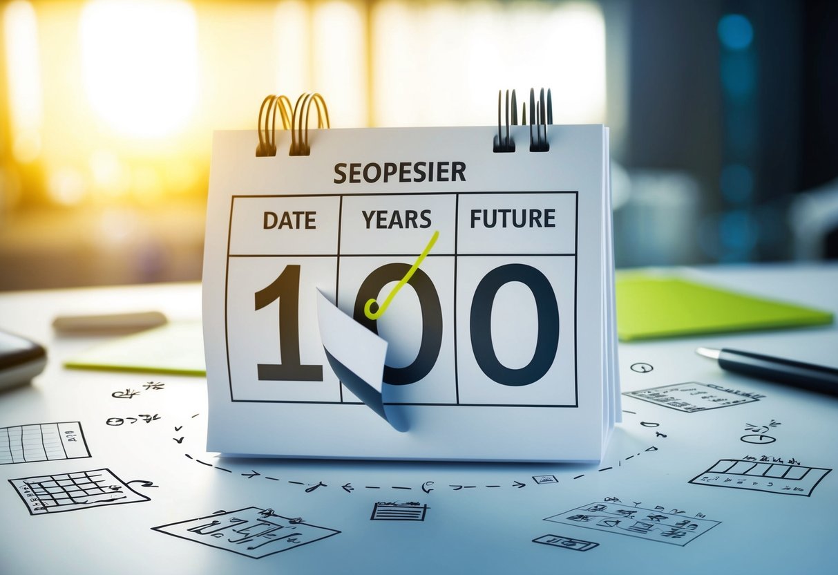 A calendar with the date two years in the future circled, surrounded by various symbols and notes indicating planning and preparation for an event