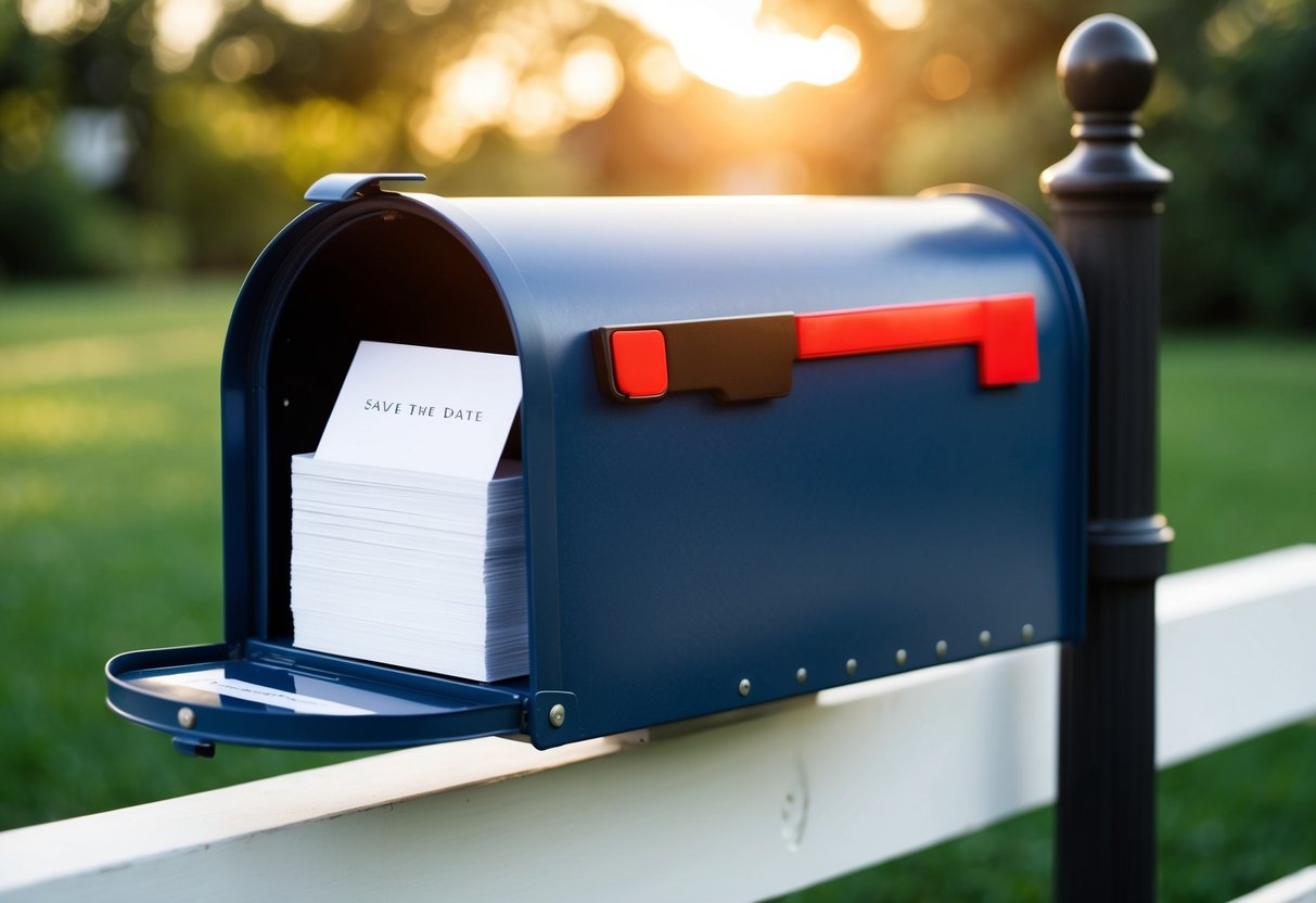 A mailbox with a stack of save the date cards inside
