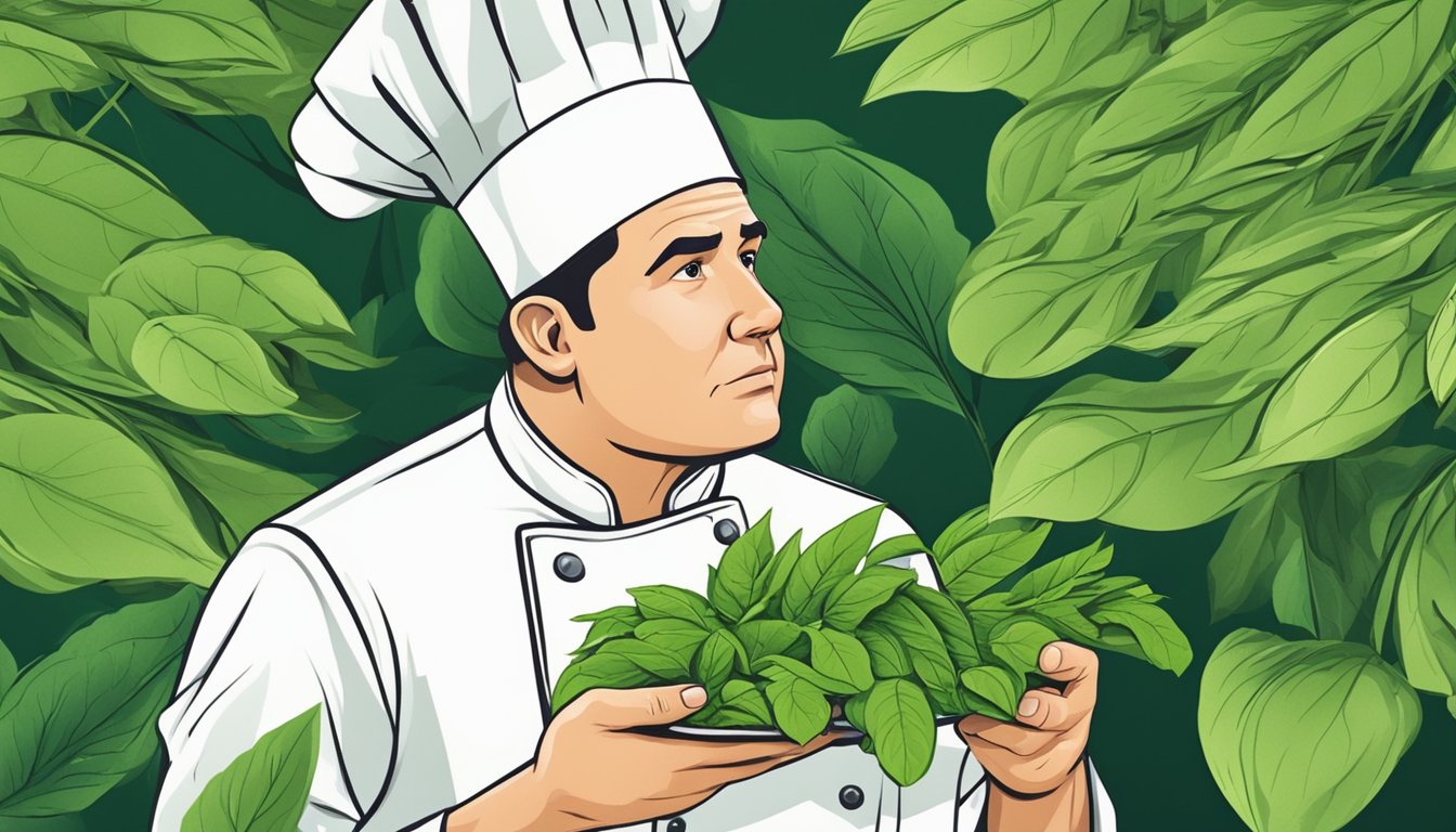 A chef inspecting a variety of fresh green leaves, with a concerned expression and a questioning gesture