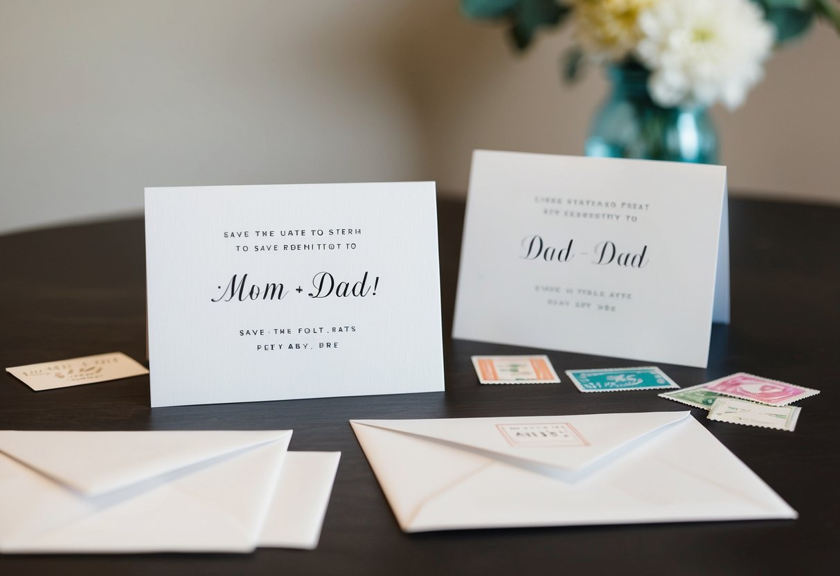 A table with save-the-date cards addressed to "Mom" and "Dad" alongside envelopes and stamps